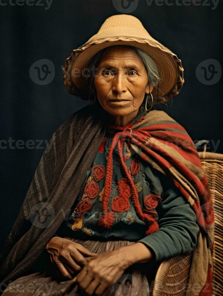 vecchio colorato fotografia di un' messicano donna a partire dal il presto 1900 ai generativo foto