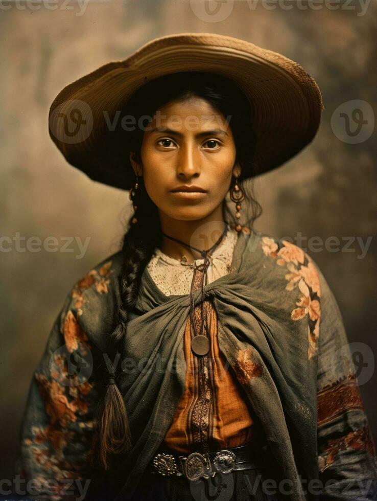 vecchio colorato fotografia di un' messicano donna a partire dal il presto 1900 ai generativo foto