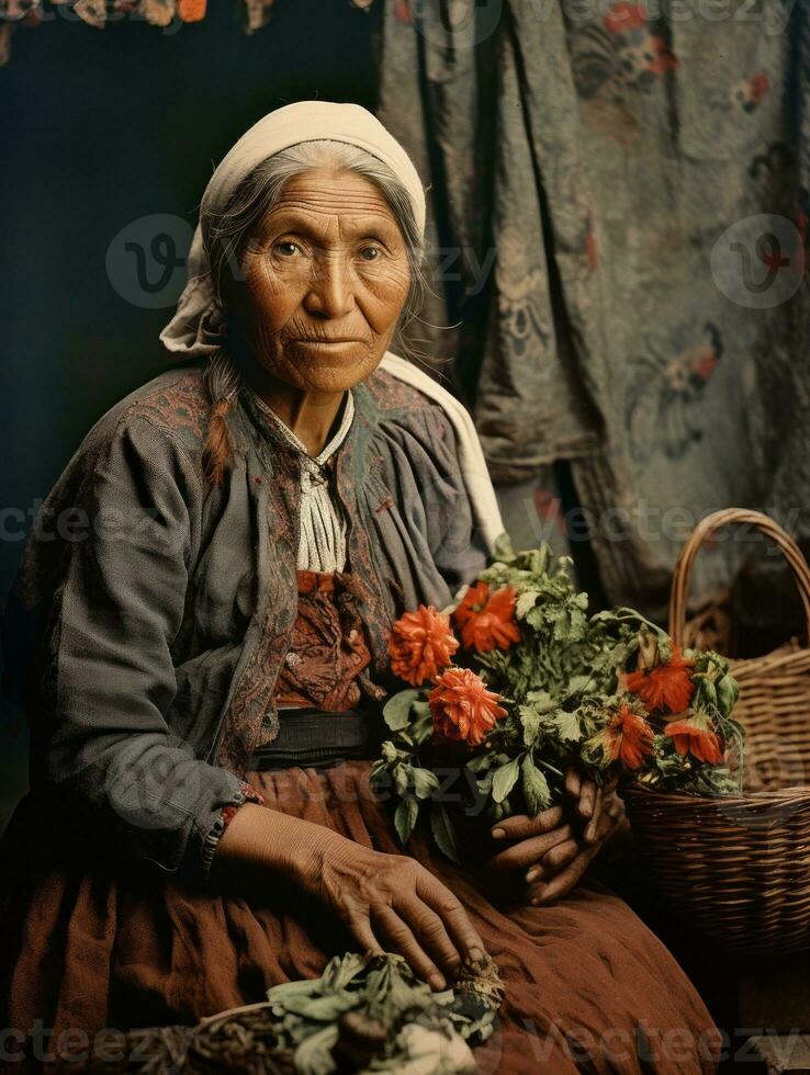 vecchio colorato fotografia di un' messicano donna a partire dal il presto 1900 ai generativo foto