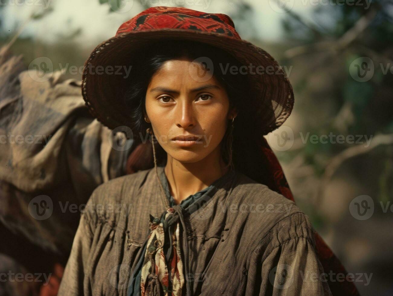 vecchio colorato fotografia di un' messicano donna a partire dal il presto 1900 ai generativo foto