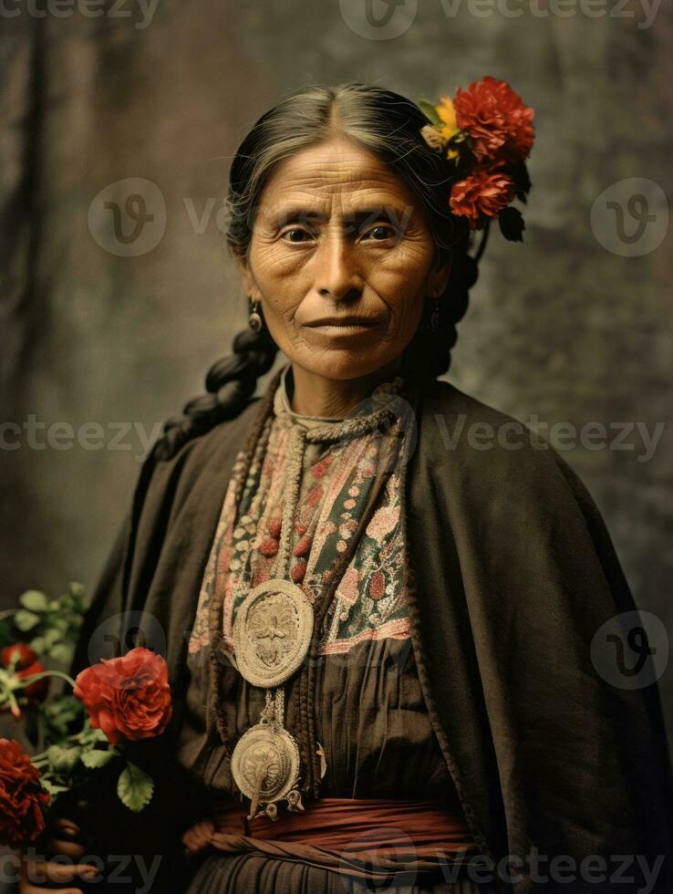 vecchio colorato fotografia di un' messicano donna a partire dal il presto 1900 ai generativo foto