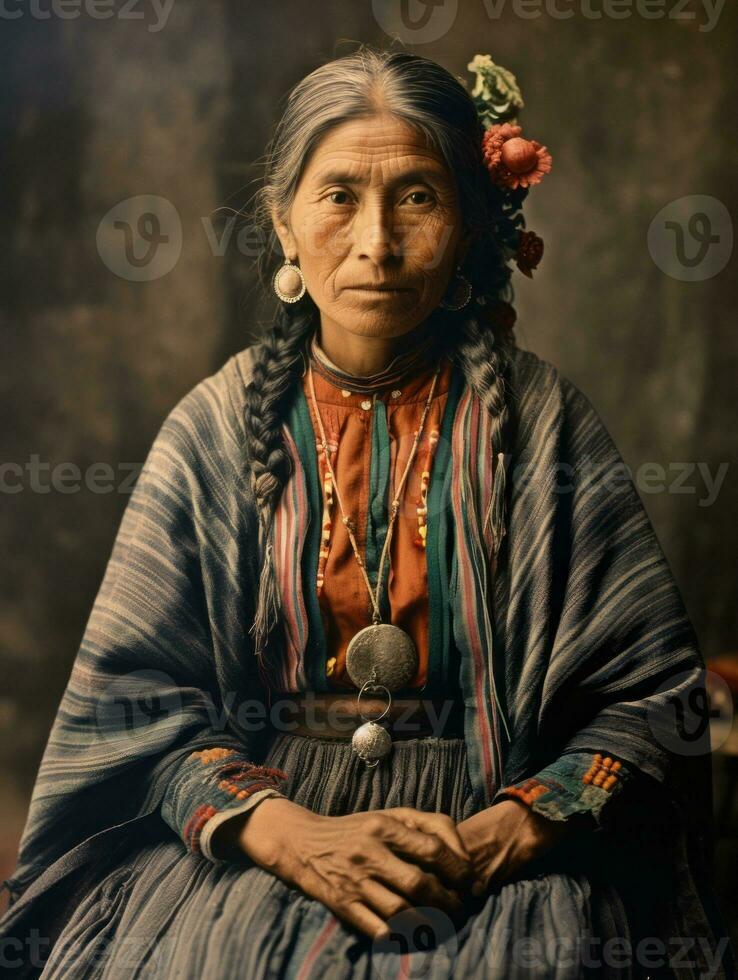 vecchio colorato fotografia di un' messicano donna a partire dal il presto 1900 ai generativo foto