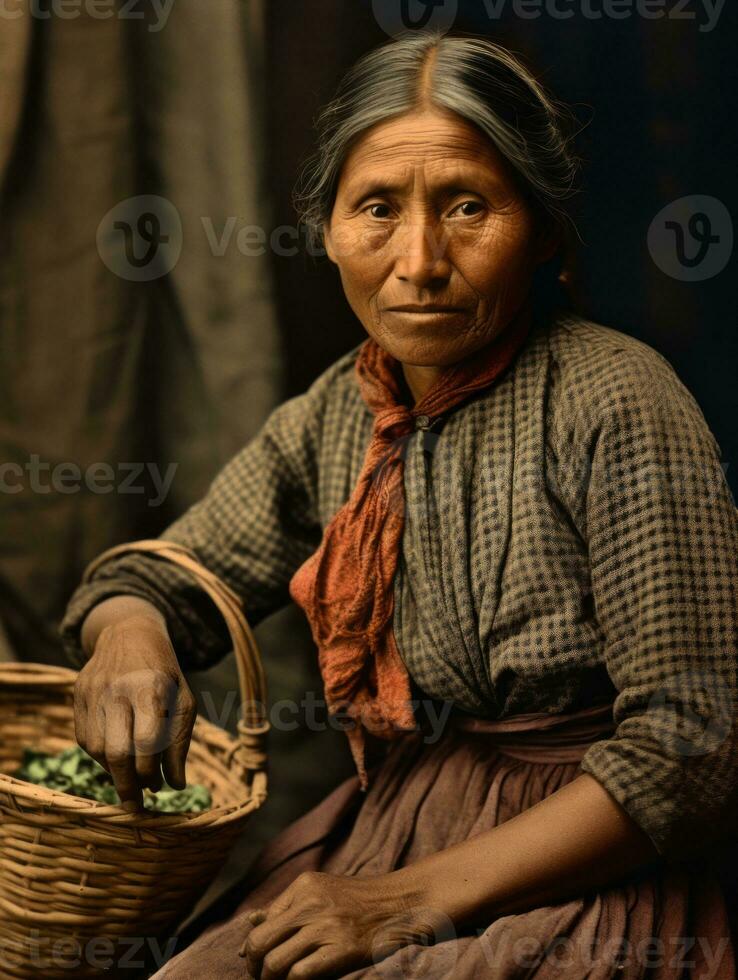 vecchio colorato fotografia di un' messicano donna a partire dal il presto 1900 ai generativo foto