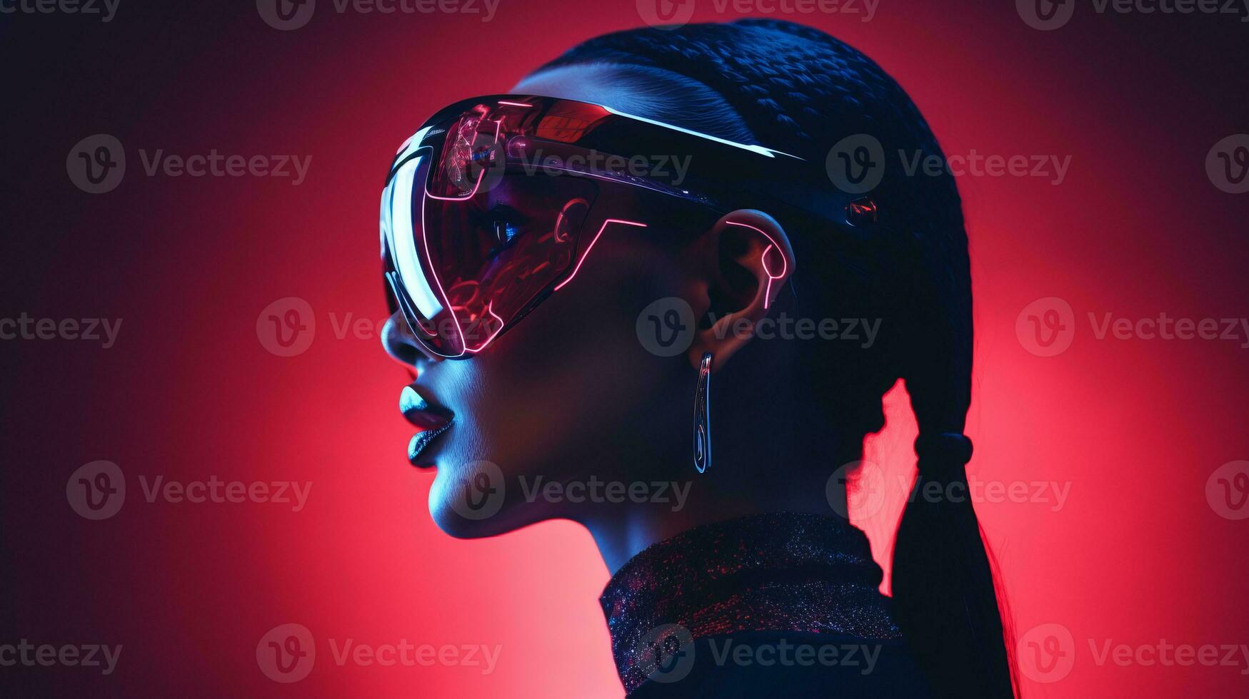 un' donna indossare neon bicchieri nel davanti di un' rosso sfondo generativo ai foto