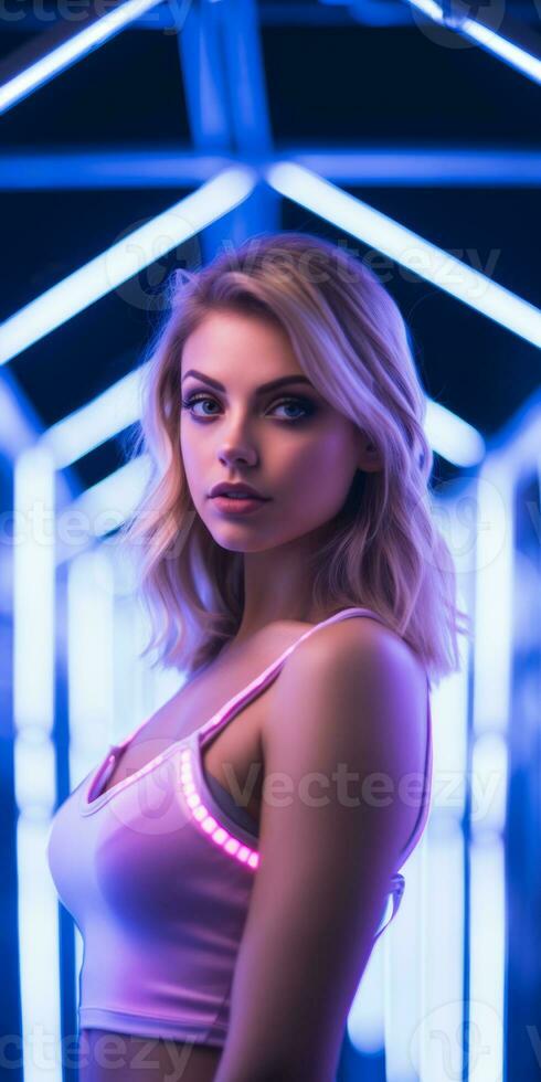 un' donna nel un' rosa reggiseno superiore in piedi nel davanti di neon luci generativo ai foto