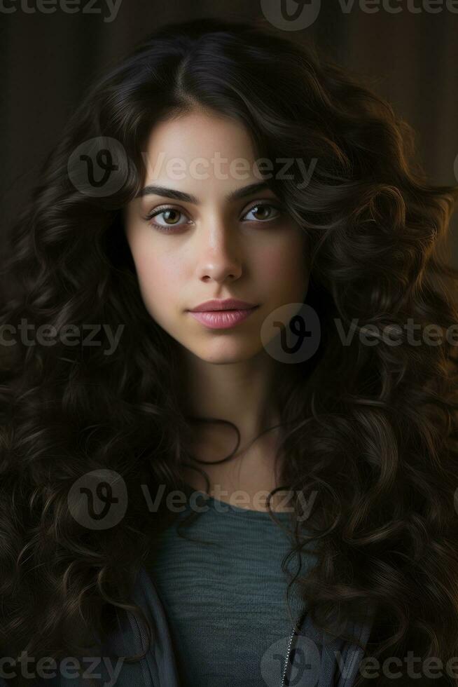 un' bellissimo giovane donna con lungo Riccio capelli foto