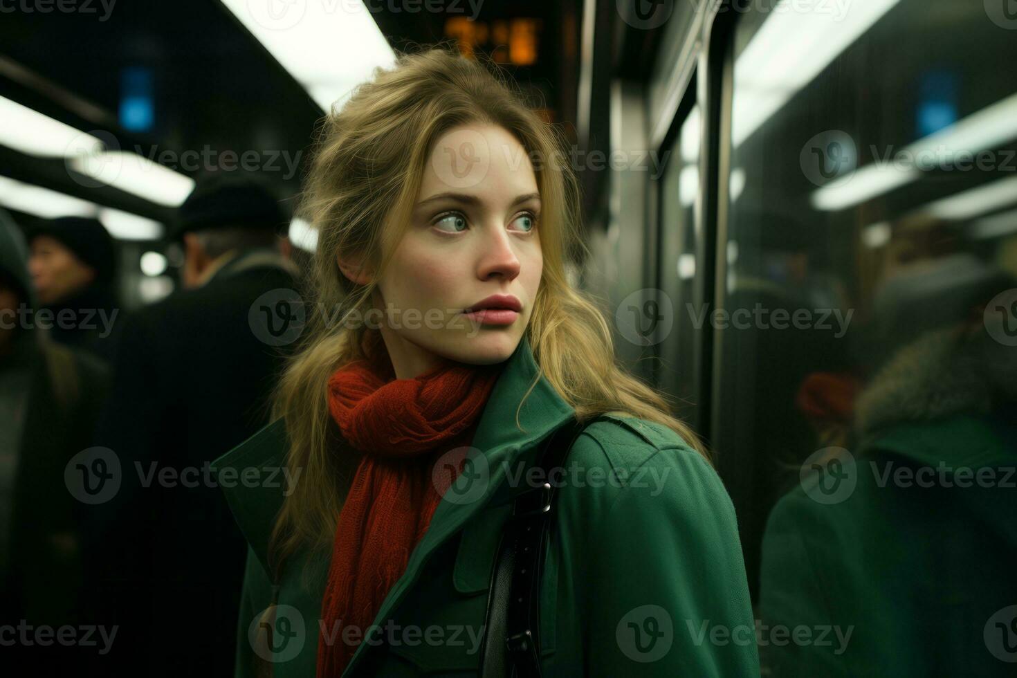 un' donna nel un' verde cappotto e rosso sciarpa su un' metropolitana generativo ai foto