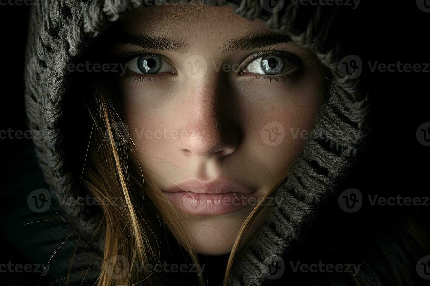 un' donna con blu occhi è indossare un' cappuccio foto