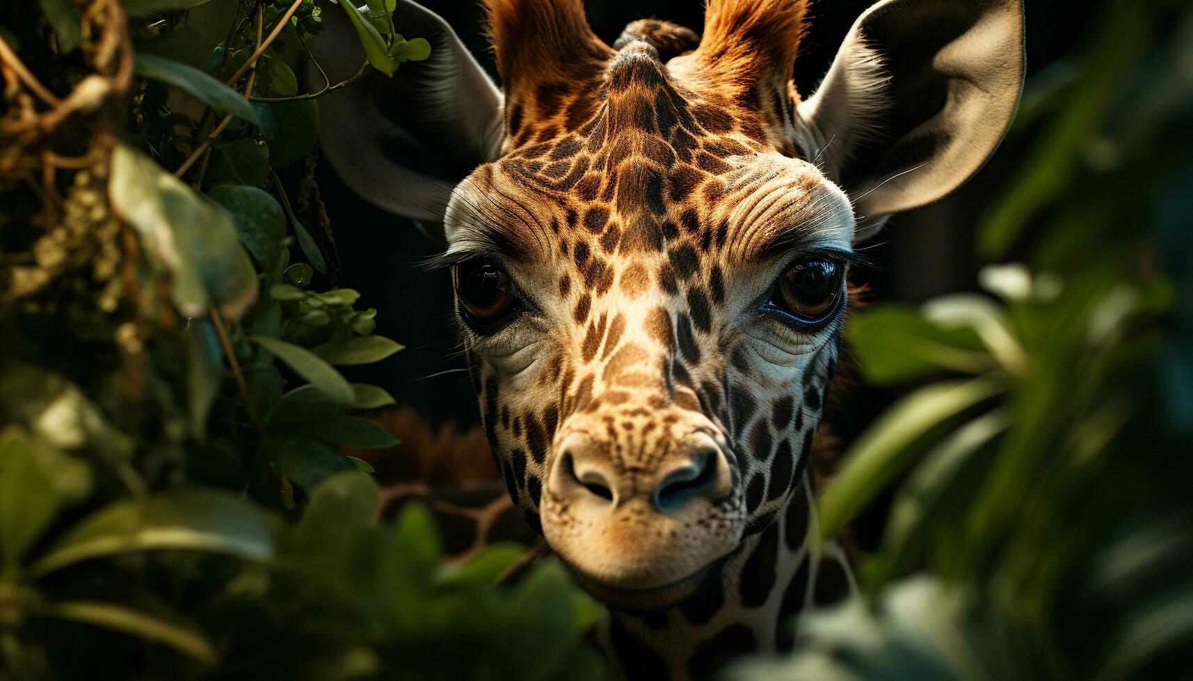 giraffa guardare a telecamera, circondato di tropicale foresta pluviale generato di ai foto