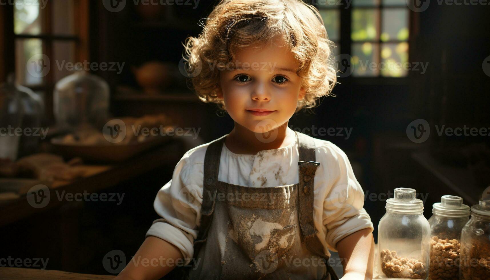 un' carino, allegro bambino sorridente, guardare a telecamera, in casa generato di ai foto