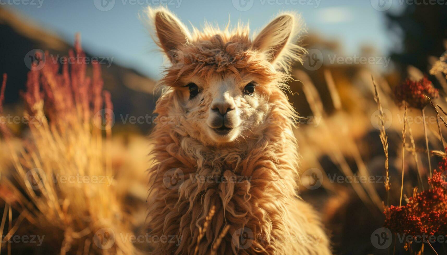 un' carino alpaca sfiora su un' rurale azienda agricola a tramonto generato di ai foto