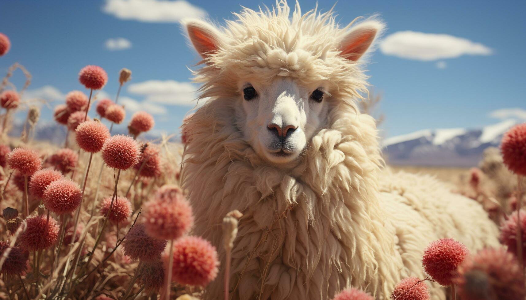 un' soffice alpaca nel un' prato, circondato di bellissimo natura generato di ai foto