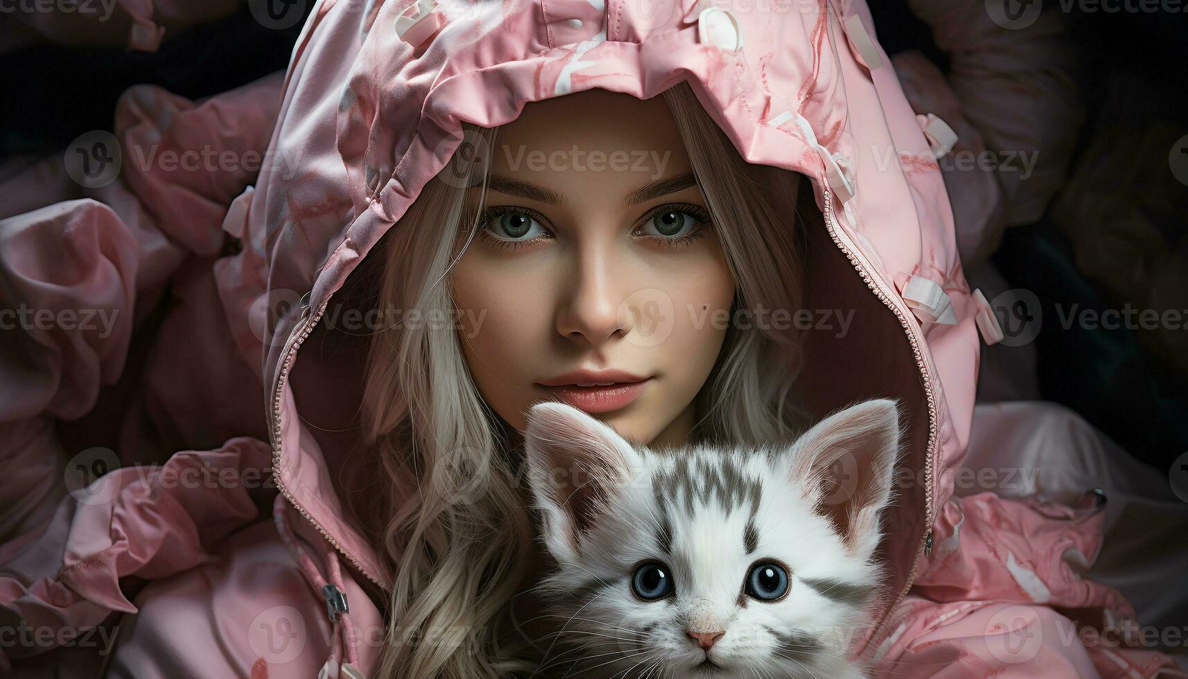 carino giovane donna sorridente, guardare a telecamera con gattino generato di ai foto