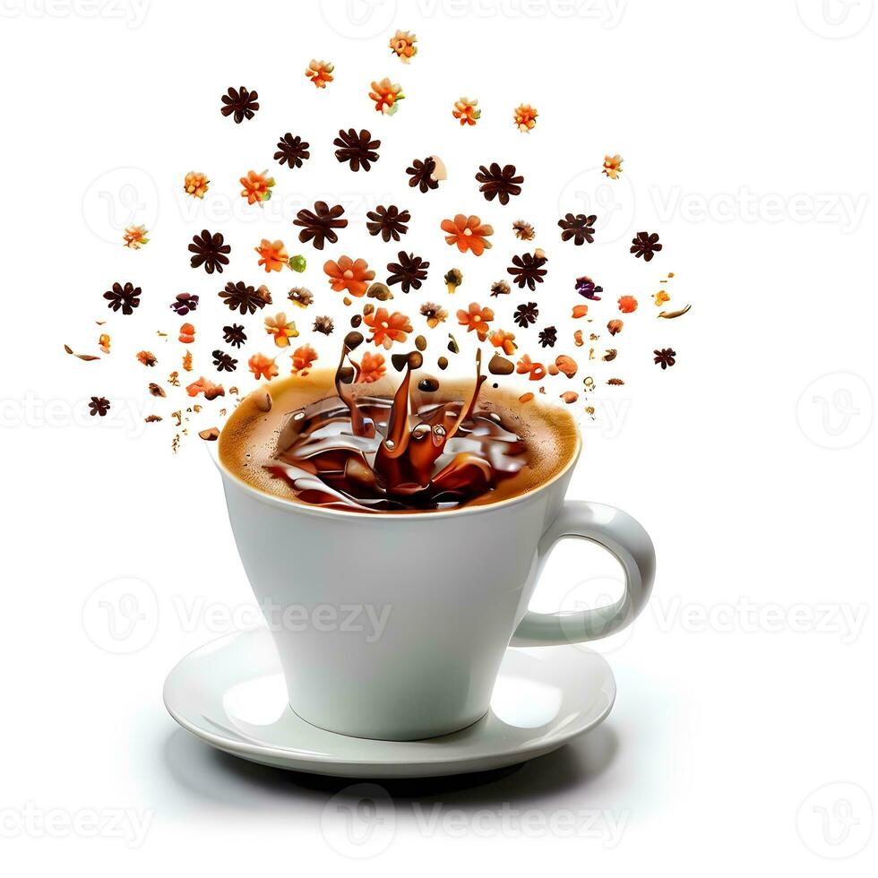 ceramica tazza di fiore schizzato caffè per internazionale caffè giorno celebrazione ai generativo foto