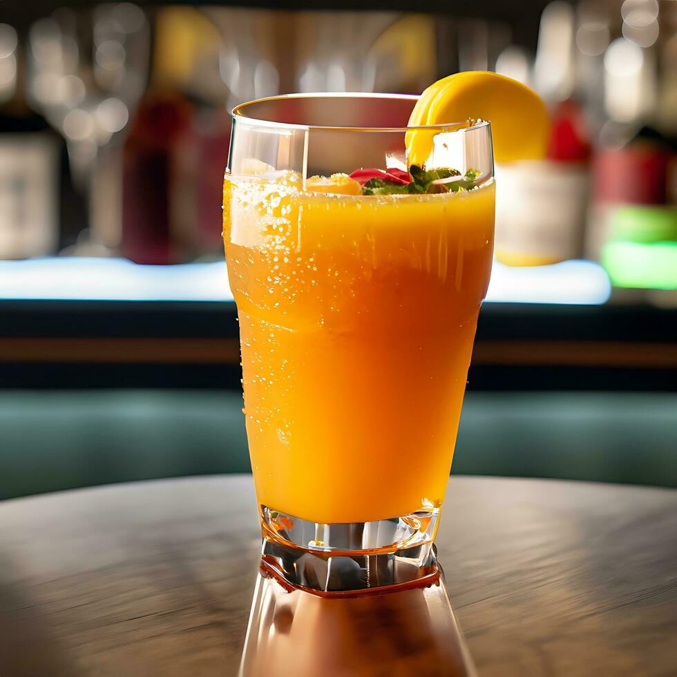 un' bicchiere di arancia succo su il tavolo - ai generativo foto