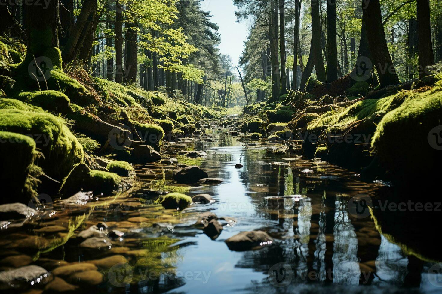 primavera foresta natura paesaggio, bellissimo primavera flusso, fiume rocce nel montagna foresta. ai generativo foto