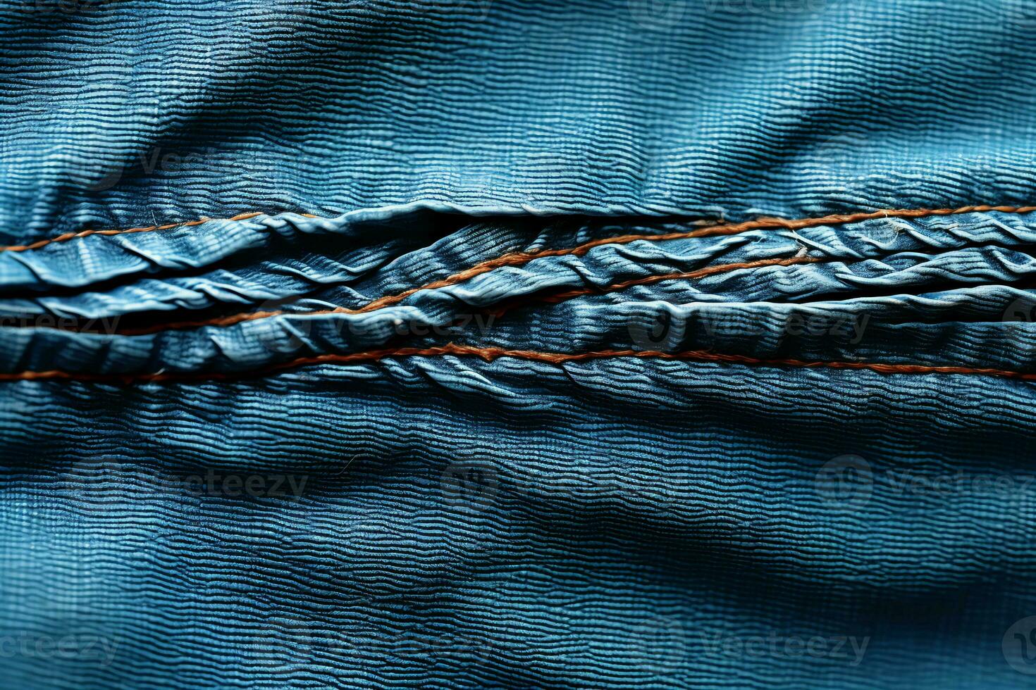 blu denim sfondo con un' cucitura. leggero blu colore denim jeans tessuto struttura. copia spazio per testo. ai generativo foto