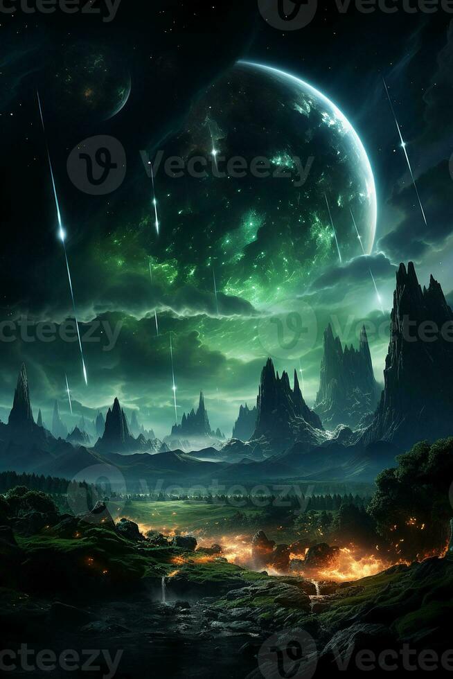 meteora, verde aurora, notte cielo. ai generativo foto