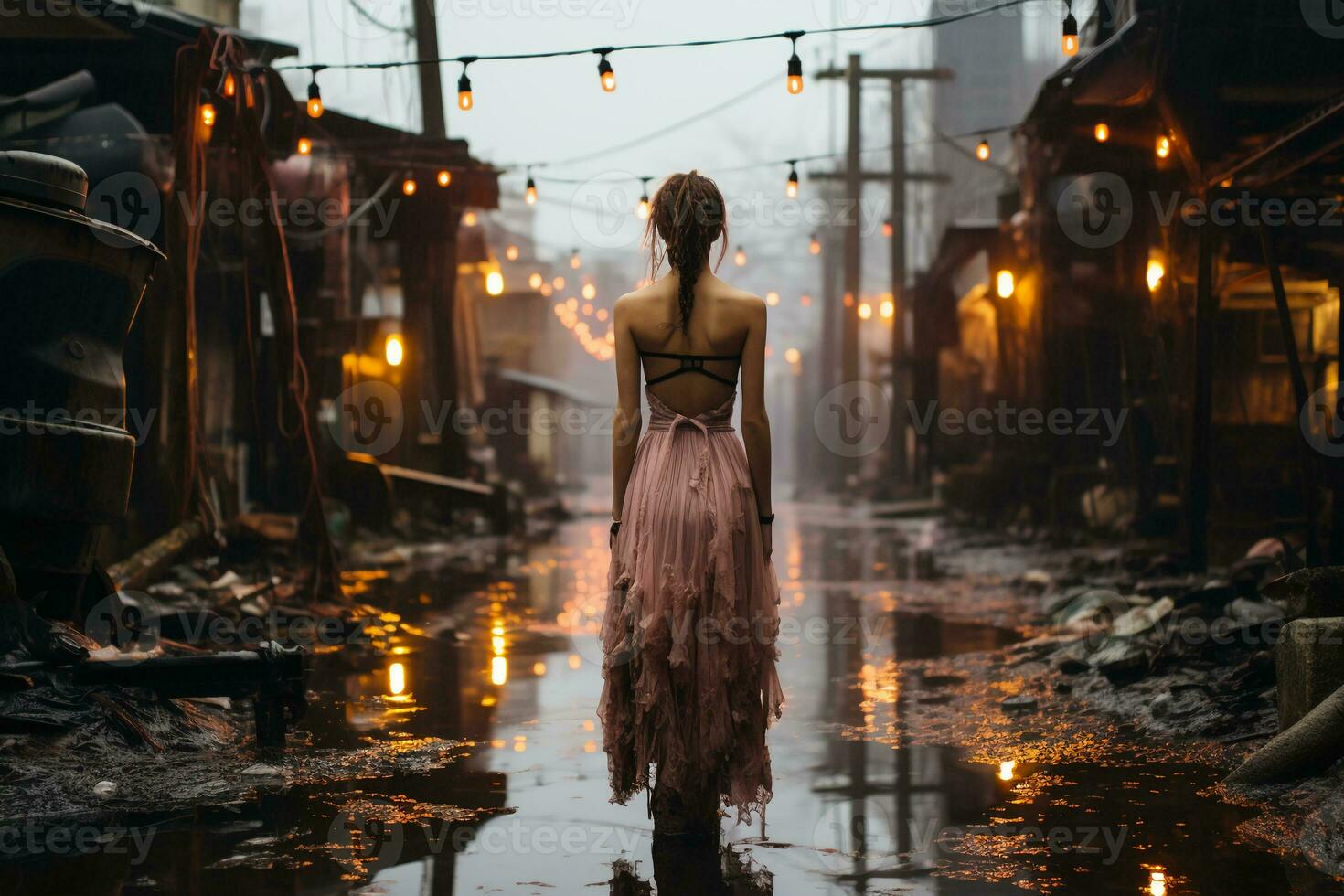 un' donna nel un' buio Fata kei moda nozze vestito guadare nel un' corri giù industriale complesso nel il pioggia a crepuscolo. lunatico atmosfera. ai generativo foto