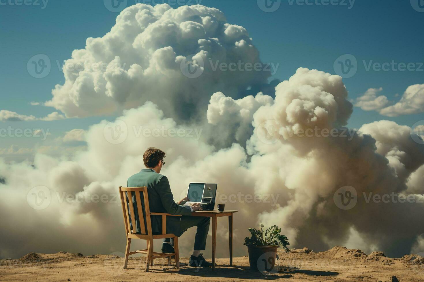 indietro Visualizza di uomo d'affari seduta su nube, Lavorando con computer portatile, tavolo, sedia, blu cielo, copyspace. ai generativo foto