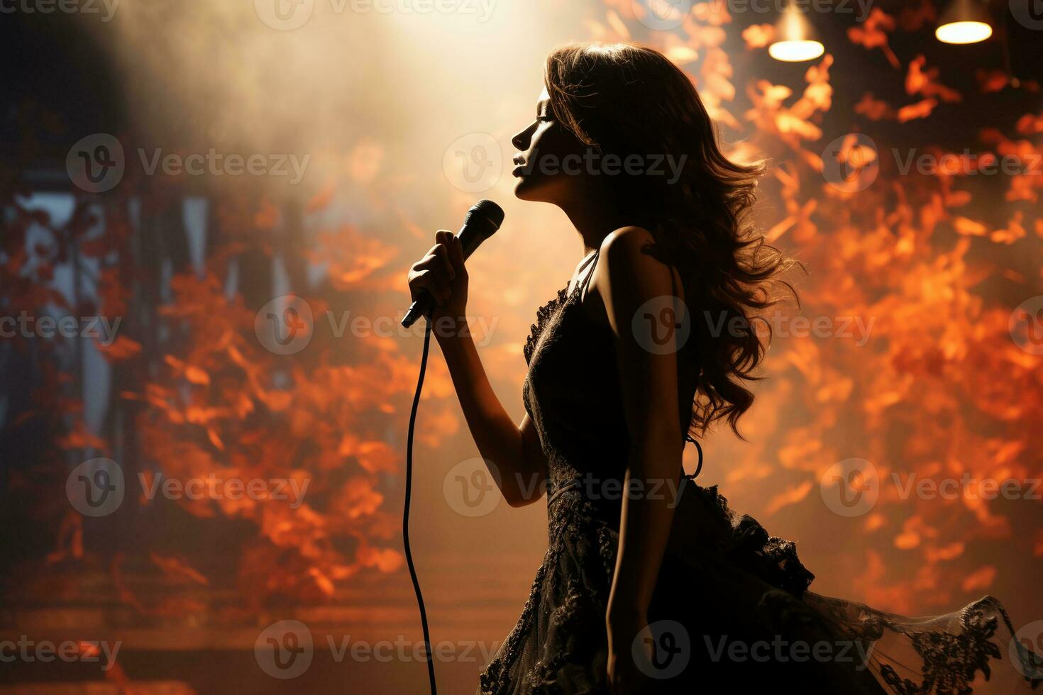 elegante fotografia di folclore ragazza cantando per un' microfono su palcoscenico. ai generativo foto