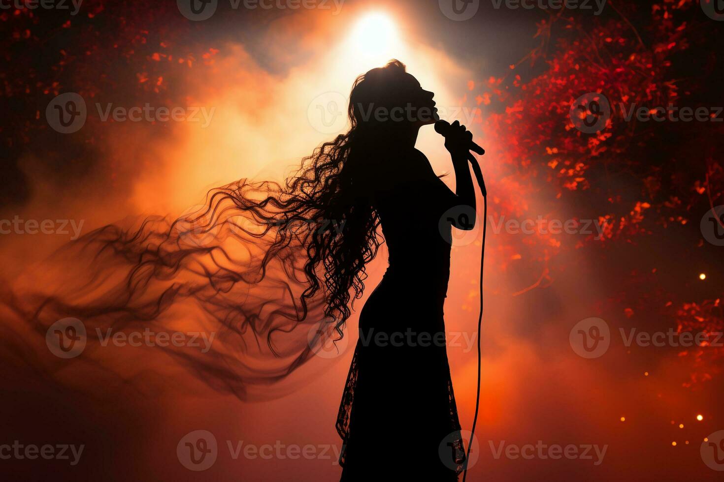 elegante fotografia di folclore ragazza cantando per un' microfono su palcoscenico. ai generativo foto