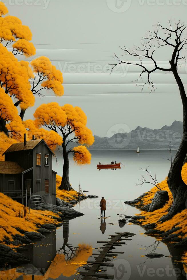 un' giallo Casa a il bordo di il danese fiordo. ai generativo foto