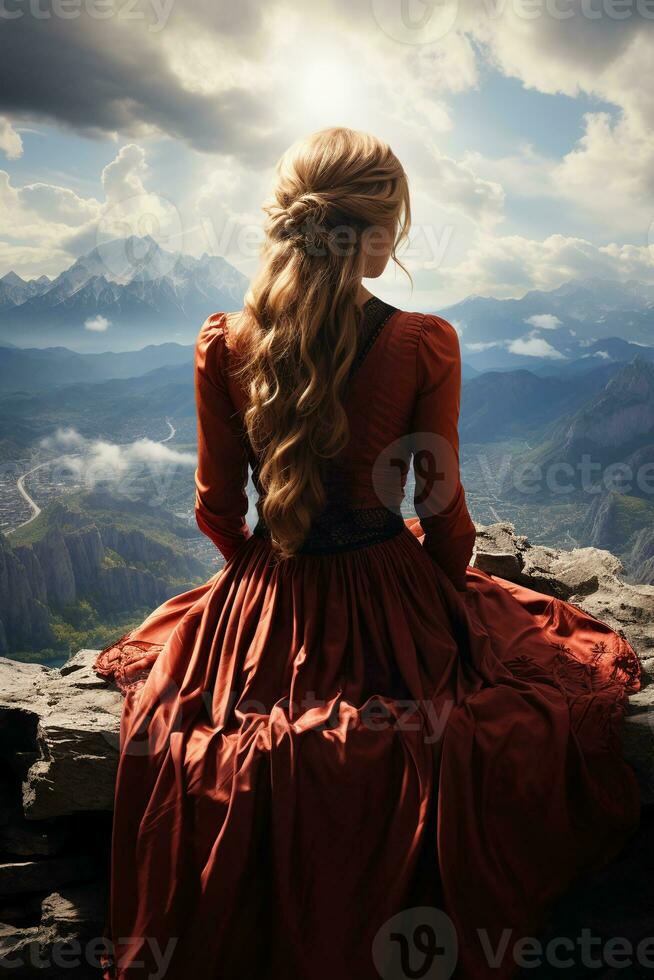 bella donna seduta su superiore di un' montagna, visto a partire dal dietro. ai generativo foto