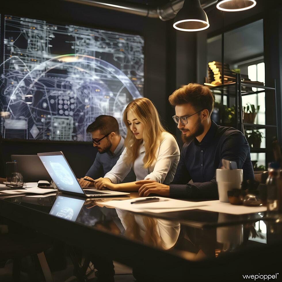 un' uomo e donna guardare a il il computer portatile e Lavorando su un' progetto a il ufficio foto