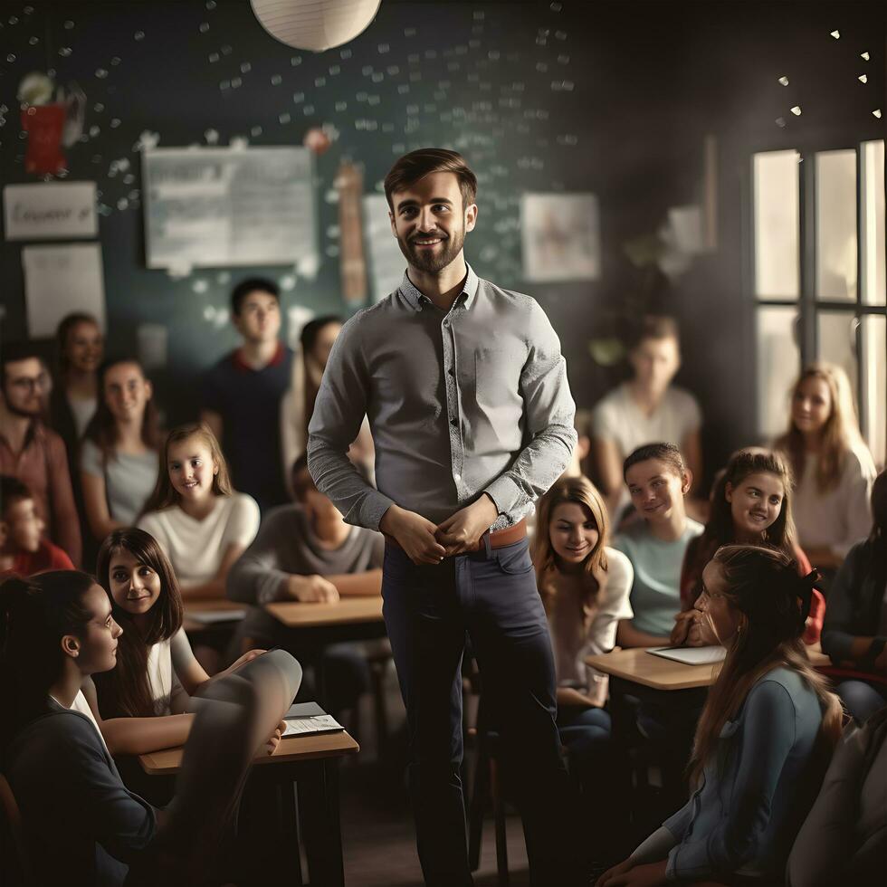 un' insegnante chi sta nel un' classe con studenti generativo ai foto