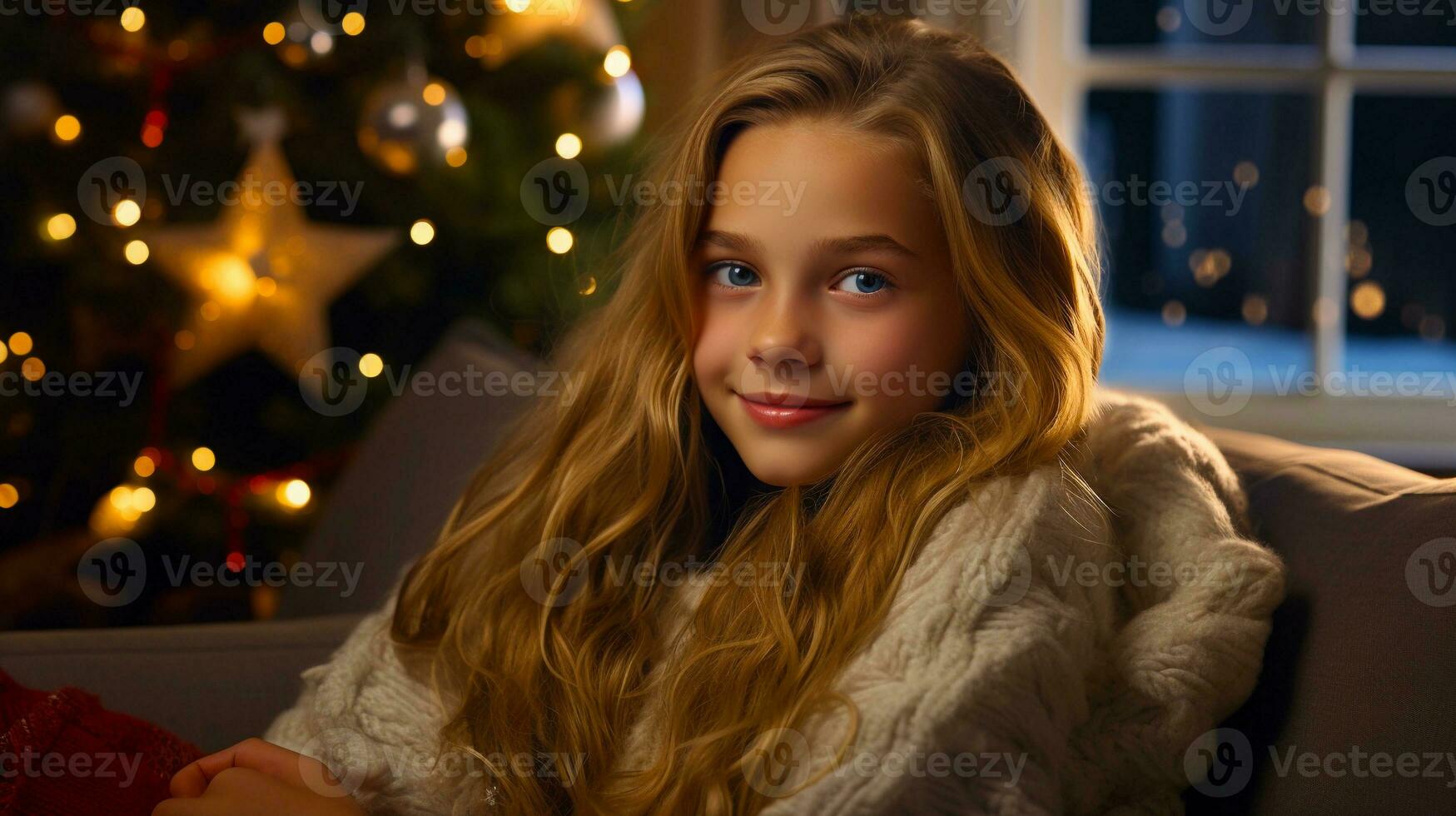 bellissimo giovane bionda ragazza Sorridi nel letto nel un' accogliente camera decorato con nuovo anni decorazioni e un' Natale albero. foto