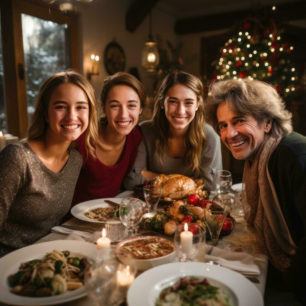 sorridente famiglia si riunirono in giro meravigliosamente decorato linguetta foto