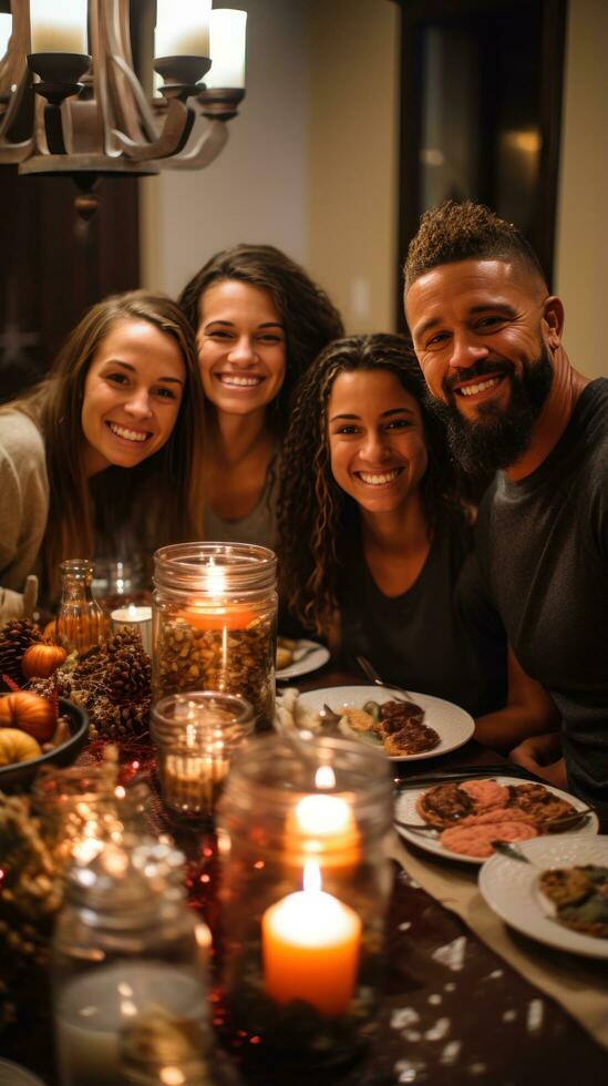 sorridente famiglia si riunirono in giro meravigliosamente decorato linguetta foto