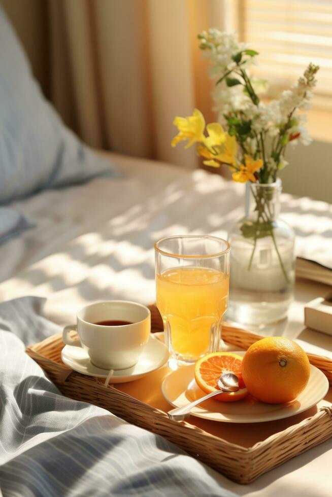 pigro mattina nel letto con prima colazione foto