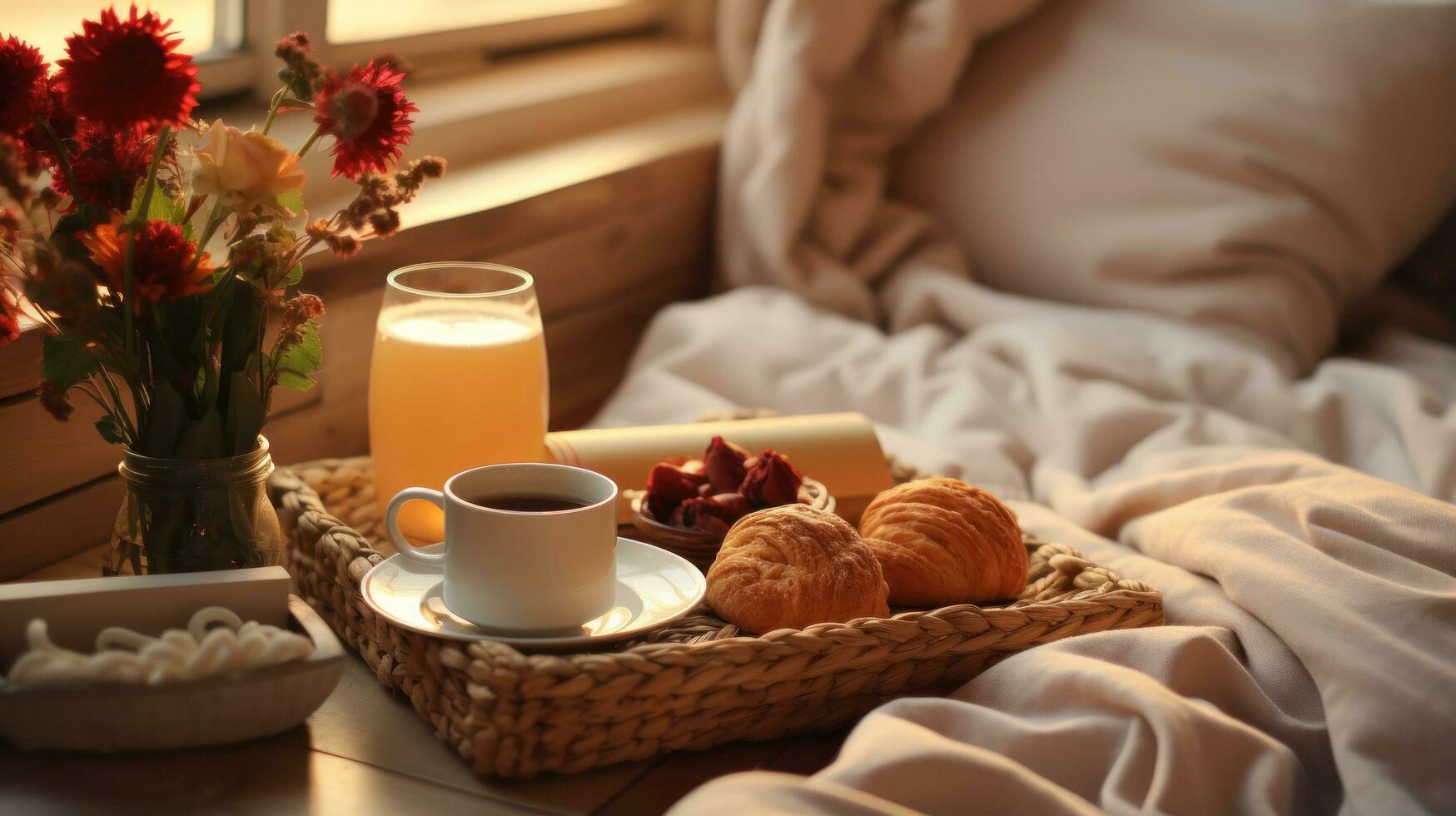 pigro mattina nel letto con prima colazione foto