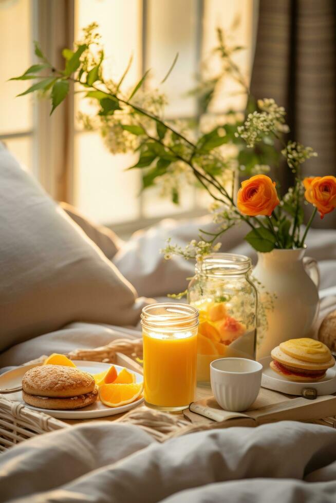 pigro mattina nel letto con prima colazione foto