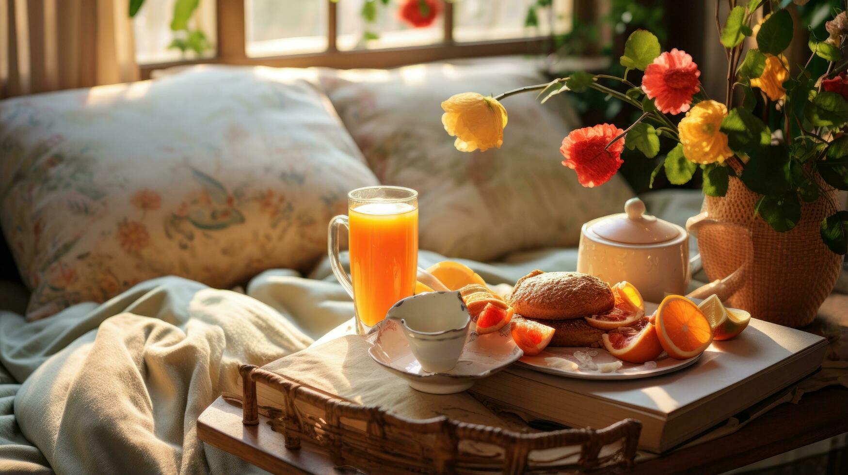 pigro mattina nel letto con prima colazione foto