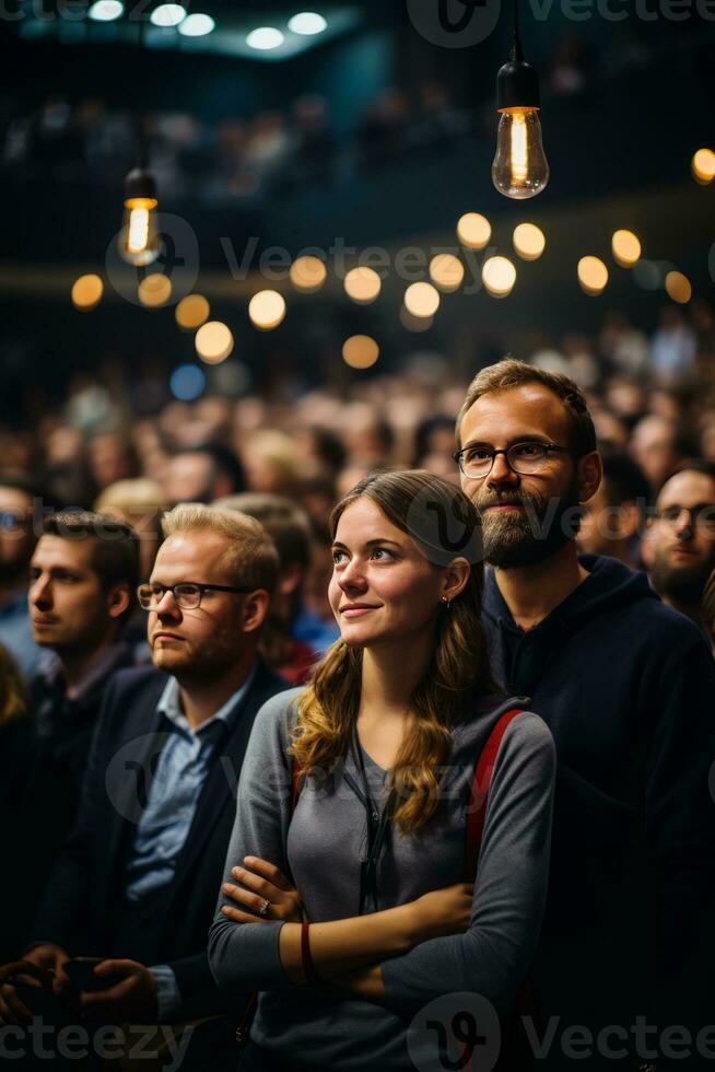 conferenza sala pubblico pieno di Tech le persone, creato con generativo ai foto