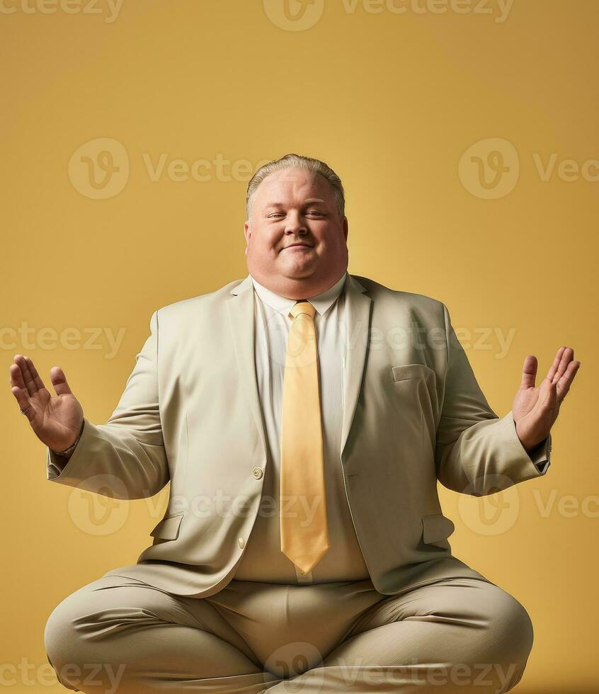 un sovrappeso manager volutamente praticante yoga isolato su un' pendenza sfondo foto