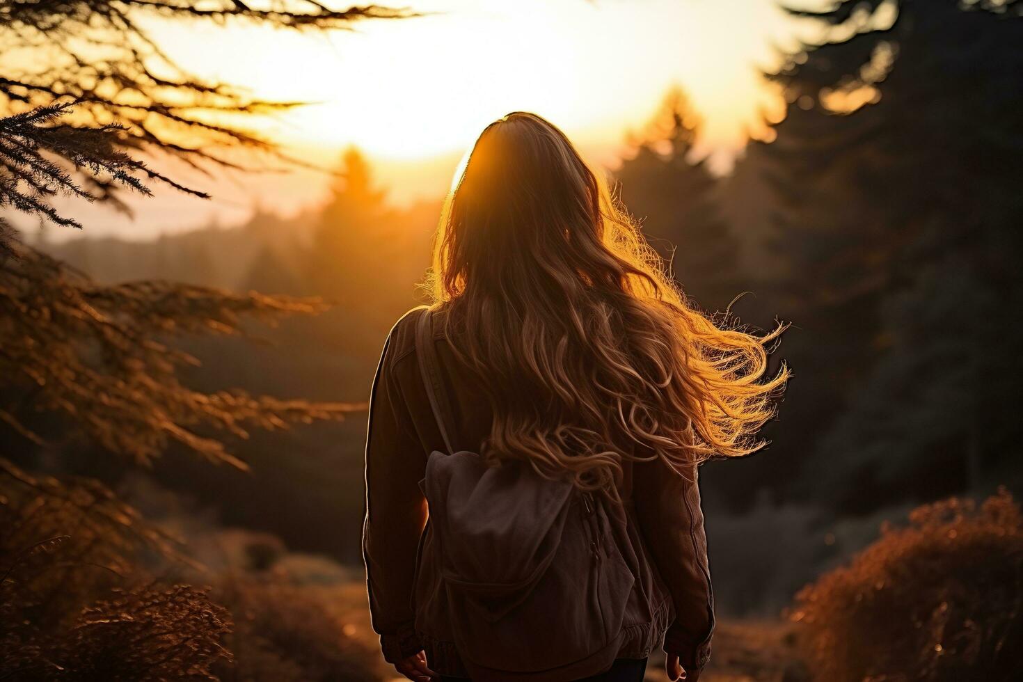 bellissimo giovane donna con un' zaino nel il raggi di il tramonto. turismo, escursioni a piedi nel natura foto