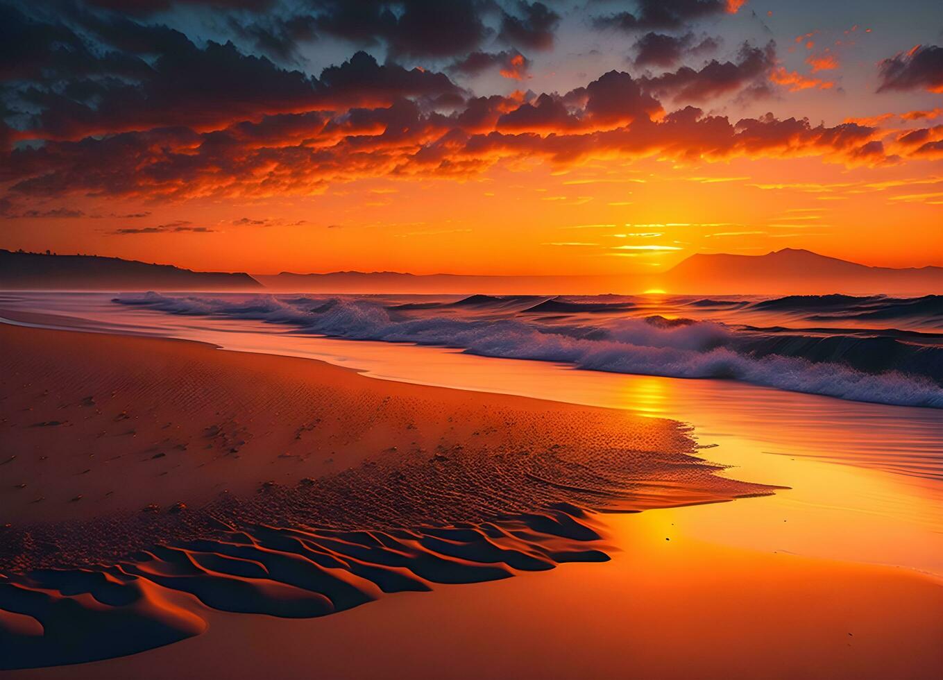 bellissimo spiaggia paesaggio a tramonto. ai generato foto