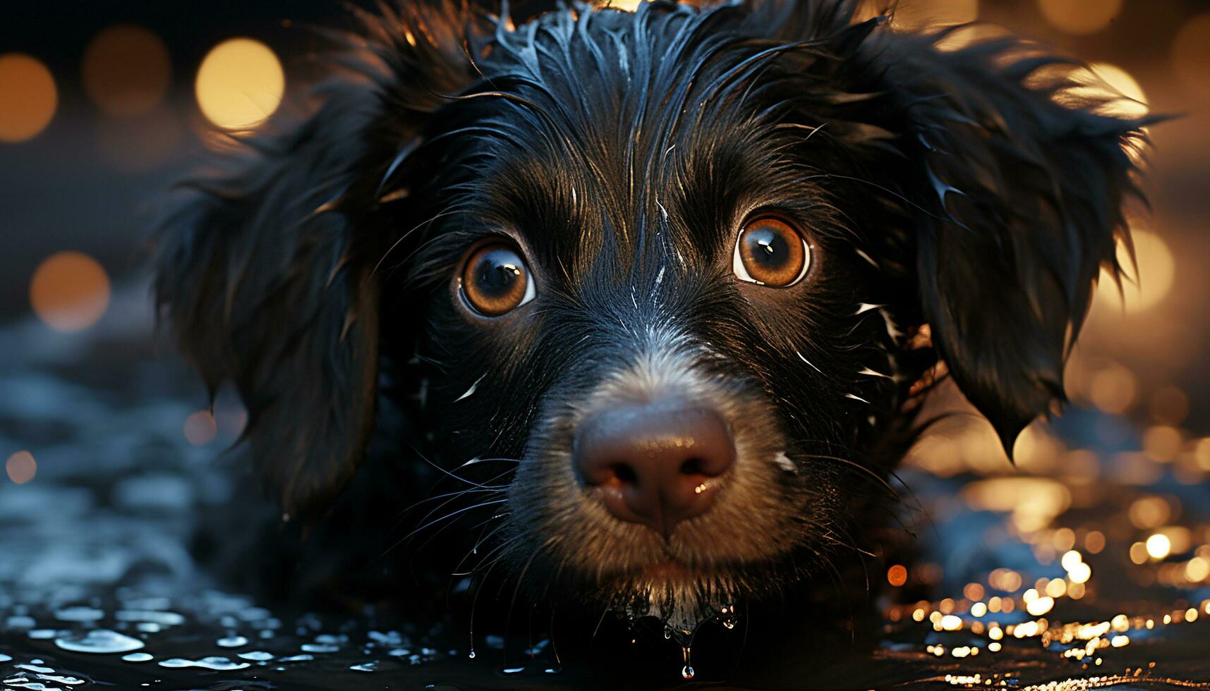 carino cucciolo seduta nel il piovere, guardare a il telecamera generato di ai foto