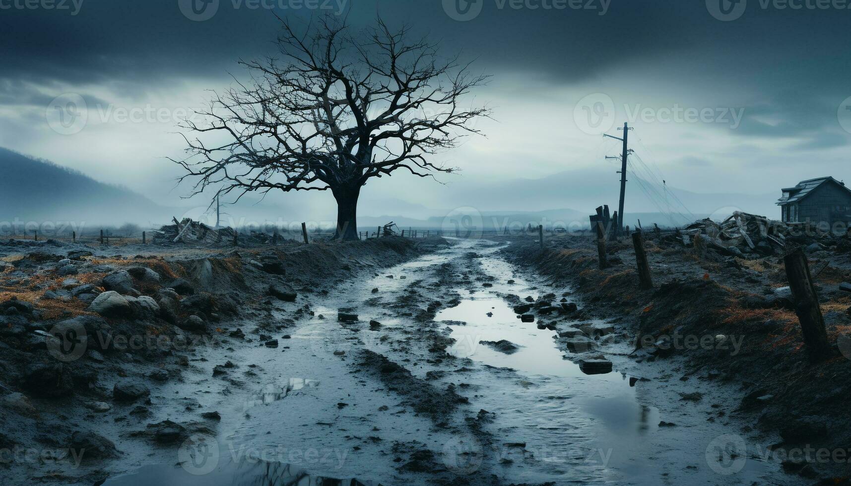 spaventoso inverno foresta, buio e misterioso, abbandonato nel il notte generato di ai foto