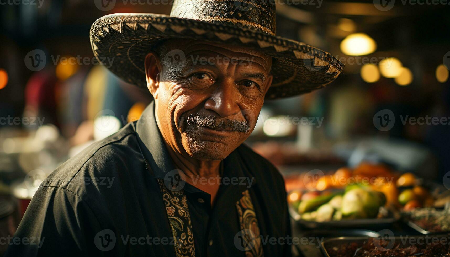 sorridente uomo, mercato venditore, vendita frutta, guardare a telecamera generato di ai foto