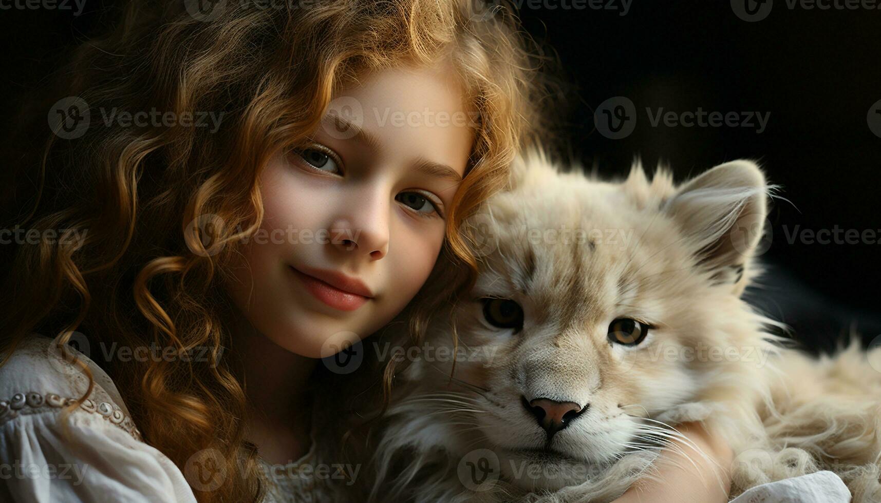 carino bambino Abbracciare una persona piccolo gattino, sorridente e guardare a telecamera generato di ai foto