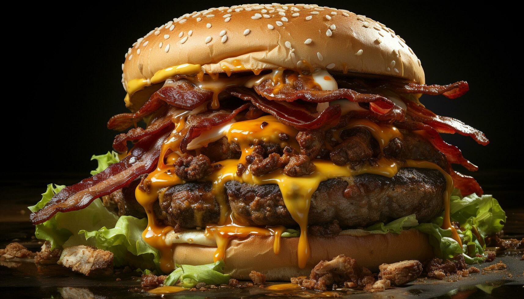 grigliato buongustaio hamburger con formaggio, cipolla, pomodoro, e fresco pane generato di ai foto