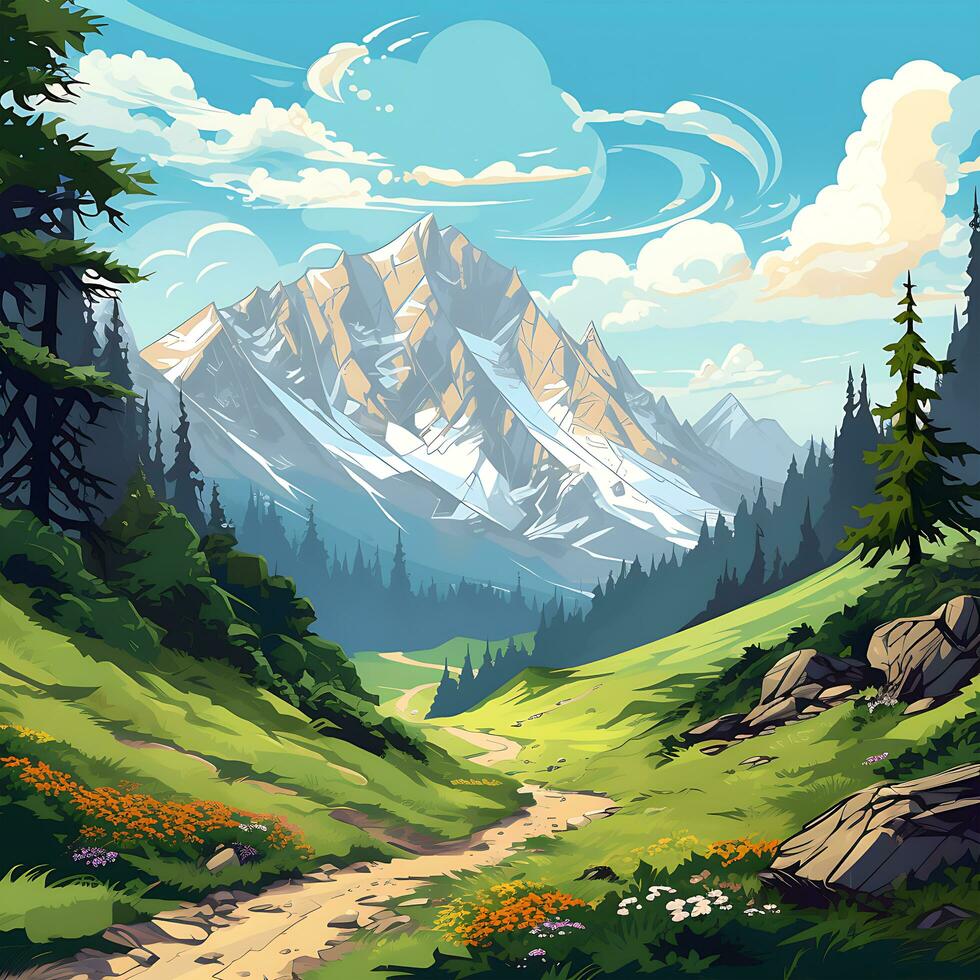 un' pittura di montagna lago estate nel il bellissimo sfondo foto