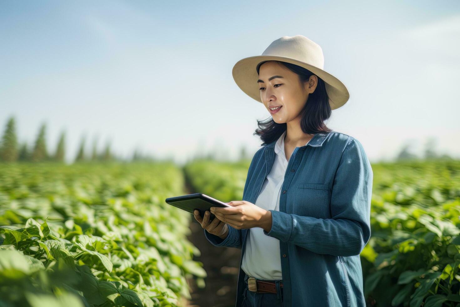 ritratto di femmina contadino utilizzando tavoletta nel il azienda agricola, osserva e dai un'occhiata crescita impianti, agricoltura inteligente agricoltura concetto foto