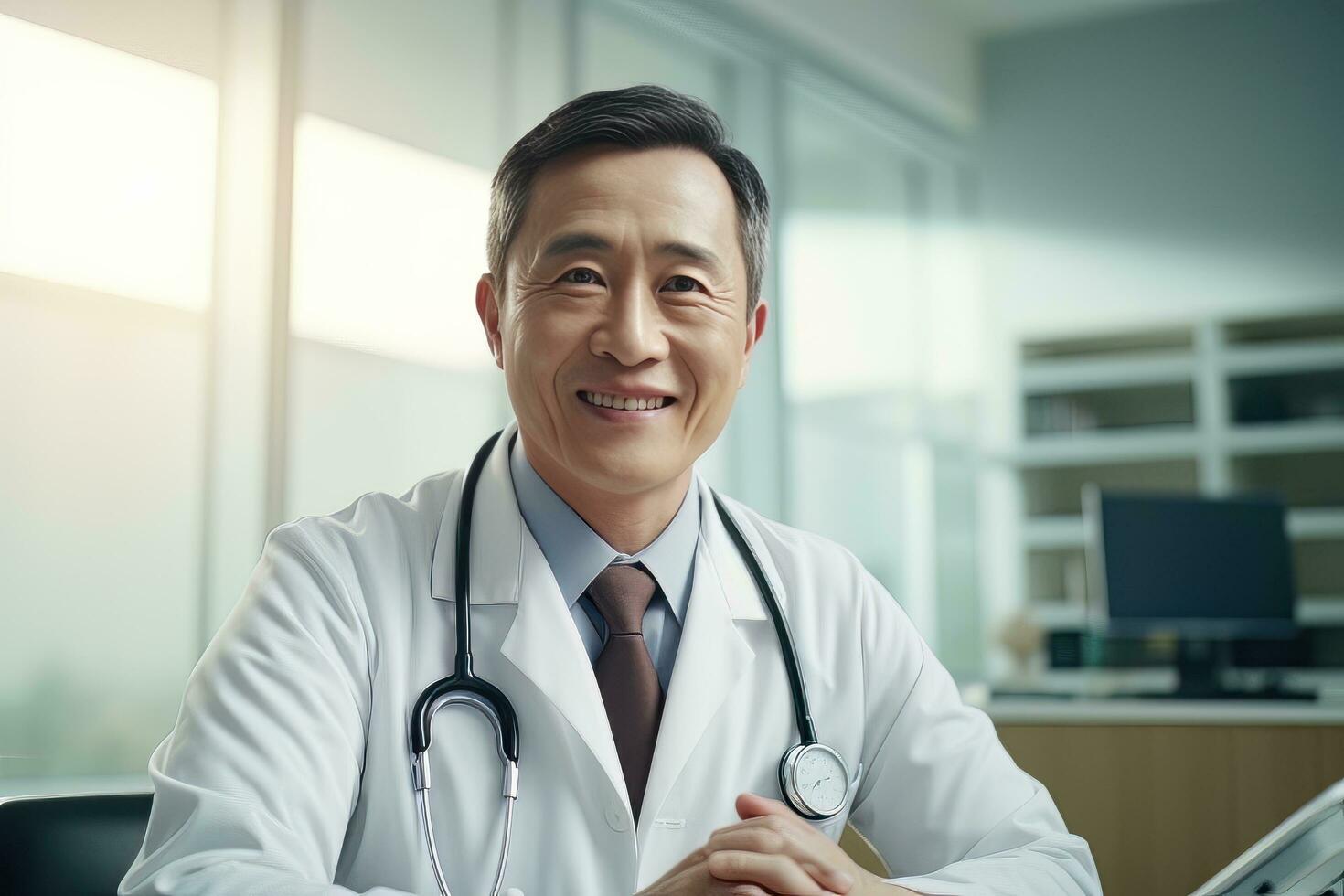 ritratto di asiatico medico con stetoscopio nel il Ospedale, esperto anziano medico medico sorridente e guardare a telecamera. foto