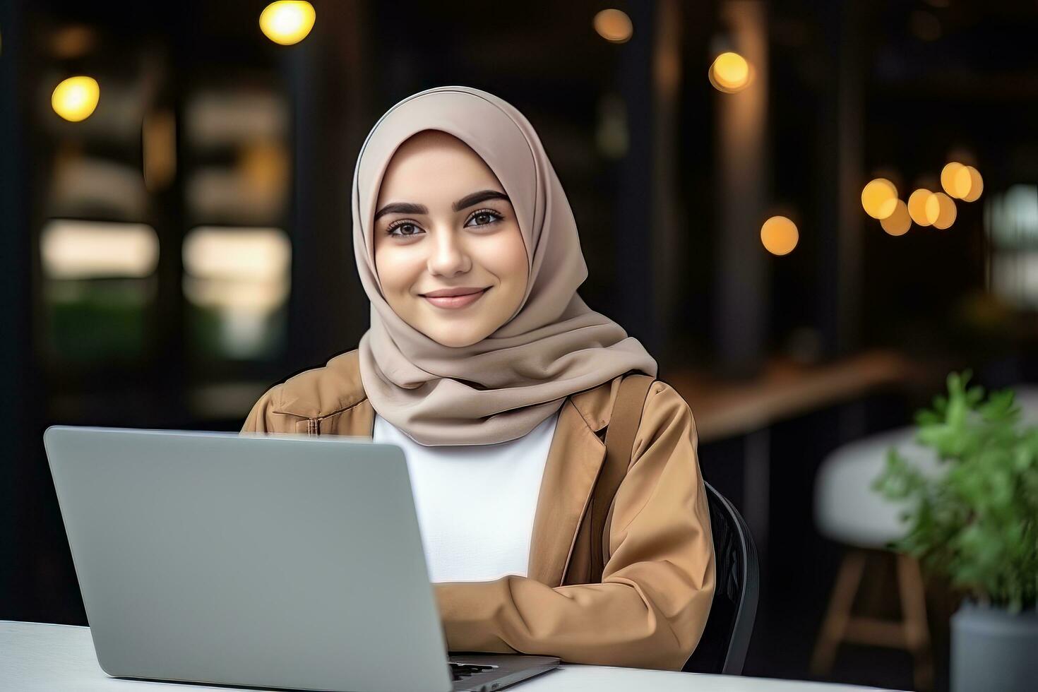 ritratto di bellissimo musulmano femmina alunno in linea apprendimento nel caffè negozio, giovane donna con hijab studi con il computer portatile nel bar, ragazza fare sua compiti a casa foto